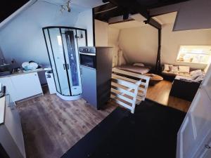 vista sul soffitto di una piccola cucina e di un soggiorno di townhouse at the city a Enschede