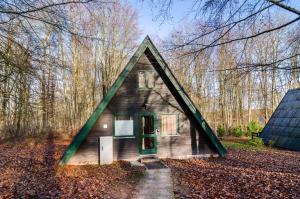 een klein huis met een driehoekig dak in het bos bij Twistesee Ferienhaus 36 in Wetterburg