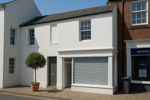 une maison blanche avec un garage dans l'établissement Bridge View Cottages, à Annan