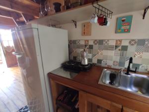 une cuisine avec un évier et un réfrigérateur dans l'établissement Chalé na Serra Campo Alegre, à Campo Alegre