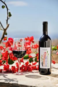 a bottle of red wine next to a glass at Sea View Exclusive Studios - Tinos in Agios Ioannis Tinos