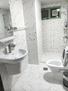 een witte badkamer met een wastafel en een toilet bij Everest Lounge in Abu Dhabi