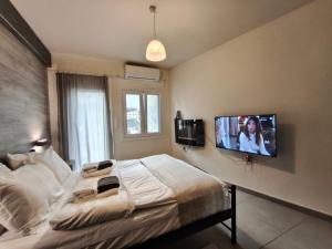 a bedroom with a bed and a tv on the wall at peramalux in Ioannina