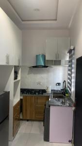 eine Küche mit Spüle und Herd Oberer Backofen in der Unterkunft Royal Nest Apartments in Lekki + 5 Fotos