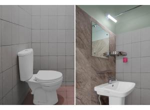two pictures of a bathroom with a toilet and a sink at OYO 94899 Homestay Syariah Near UPN in Medokanayu +21 photos