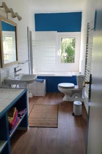 un bagno blu e bianco con un water e un lavandino di Domaine De Marlas - Gîte de Charme a Rieucros