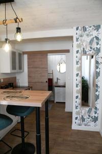 a kitchen and dining room with a table and a mirror at Confortable studio avec jardin in Saint-Doulchard