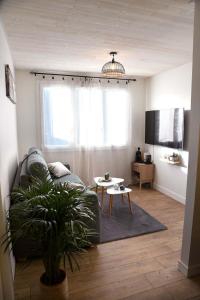 a living room with a couch and a table at Confortable studio avec jardin in Saint-Doulchard +7 photos
