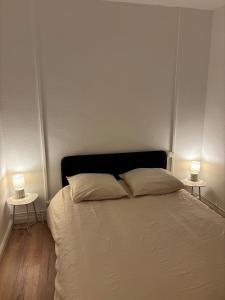 een slaapkamer met een bed en 2 bijzettafels bij Le Parisien - Cœur de Saint-Brieuc in Saint-Brieuc