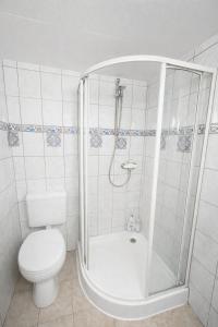 un bagno bianco con doccia e WC di Kleines Apartment mit Doppelbett a Coblenza