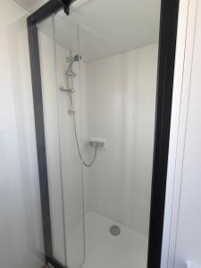een douche met een glazen deur in een badkamer bij Studiotel premium 2 personnes in Pamiers