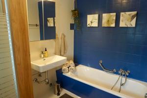a blue bathroom with a sink and a tub and a sink at Bergnest Fieberbrunn in Fieberbrunn +10 photos