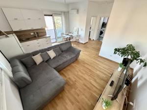 een woonkamer met een grijze bank en een keuken bij Alula Apartments in Bar