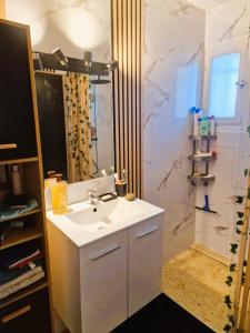 a bathroom with a white sink and a shower at Maison TIKI TAHITI in Alès +17 photos