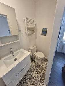 een badkamer met een witte wastafel en een toilet bij Appartement F2 5A in Martres-de-Veyre