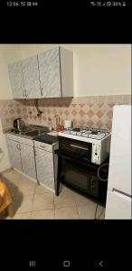 a small kitchen with a stove and a sink at Lily in Sremska Kamenica
