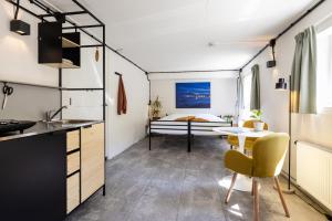 a kitchen and living room with a bed in the background at De Folks in Hoorn +47 photos