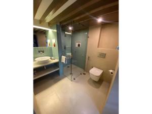 un bagno con un water, un lavandino e uno specchio di Hotel Thamel House - 6 km from Boudhanath Stupa, Kathmandu a Kathmandu