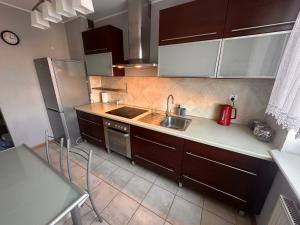 een keuken met een spoelbak en een koelkast bij Przytulnie i wszędzie blisko in Siedlce