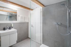 a bathroom with a glass shower and a sink at Apartments Quellenhöfli in Vitznau