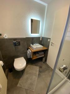 een badkamer met een toilet, een wastafel en een douche bij Ferienwohnung Inge in Bad Peterstal
