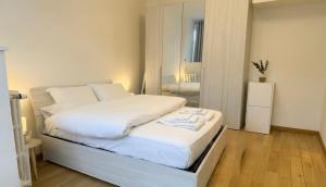 a large white bed in a bedroom with a mirror at Fiume 34 - bilocale luminoso e moderno a Sondrio in Sondrio