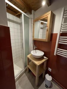 a bathroom with a sink and a shower at Studio duplex hyper centre 4 personnes in Le Lioran +36 photos
