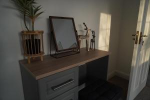 een spiegel bovenop een dressoir in een kamer bij Carreg Llwyd in Caerphilly