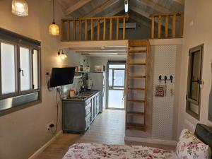 Sha‘alvimGalit's Zimmer的一间带厨房的客厅和一间阁楼