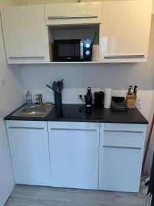 a kitchen with a sink and a microwave at 4-Bett-Appartement am Golfplatz in Grassau