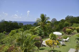 un jardín con sillas y vistas al océano en Résidence les Océanides, en Le Diamant