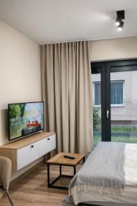 a bedroom with a bed and a tv and a window at Apartments Rajska 77 in Wrocław