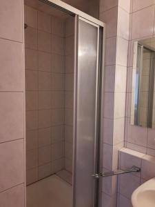 a shower with a glass door next to a sink at Apartment Lyso en Soly in Königsleiten