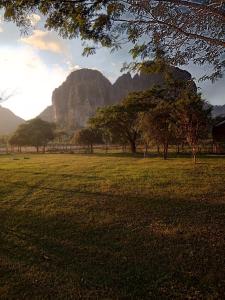 a field with trees and a mountain in the background at Sivilay Guesthouse in Vang Vieng
