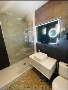 ein Badezimmer mit Waschbecken, Dusche und Toilette in der Unterkunft Studio moderne avec Balcon à 5 min de Honfleur parking et piscine in Équemauville