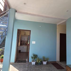 a hallway with blue walls and potted plants at The Sunrise Retreat in Solan +2 photos