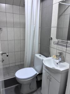 a white bathroom with a toilet and a sink at Sobe Potić in Belgrade +28 photos
