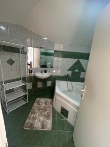 a bathroom with a shower and a sink and a tub at Rooms ALEA in Sanski most +44 photos