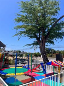 巴纳伊巴Pousada Primavera的一个色彩缤纷的游乐场，背景中有一棵树。