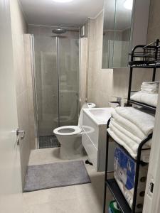 a bathroom with a shower and a toilet and a sink at Modern Oslo Studio Near Aker Brygge in Oslo