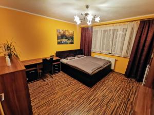 a bedroom with a bed and a desk in it at Wolkrova city stay in Bratislava +15 photos