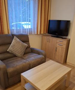 un salon avec un canapé et une télévision à écran plat dans l'établissement Chasa Val Bella, à Samnaun