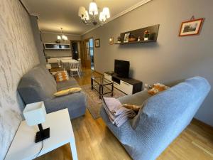 ein Wohnzimmer mit 2 blauen Stühlen und einem TV in der Unterkunft Bierzo Explore in Ponferrada