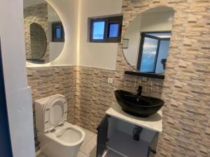 een badkamer met een wastafel, een toilet en een spiegel bij Tu7 Apartments in Accra +1 foto