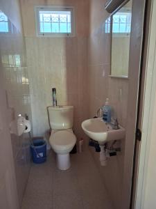 a bathroom with a toilet and a sink at A few steps from the beach in Pereybere +15 photos