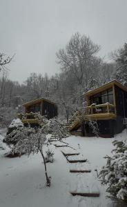 due edifici coperti di neve con scale e un albero di Forava Cabins a Ringwood
