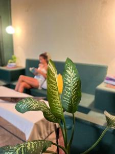 una donna seduta su un divano con una pianta di Olivo hostel a Puerto Escondido Altre 5 foto