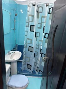 een badkamer met een toilet, een wastafel en een douche bij Studio Relax2 in Bacău