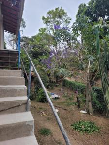 una rampa di scale accanto a un albero con fiori viola di Sítio Guanabara a Guaramiranga 1 altra foto