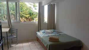 ein Schlafzimmer mit Bett, Schreibtisch und Fenster in der Unterkunft Studio Vue Mer 24h24 7j7 in Petite Île